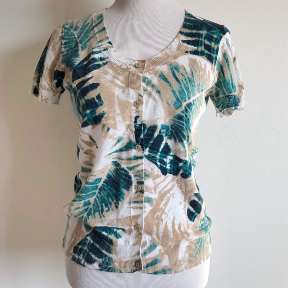 Ann Taylor Palm Print Short Sleeved Cardigan